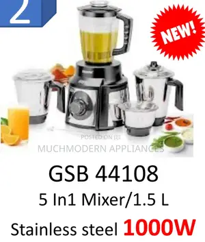 Geepas Mixer GSB 44108
5 In1,1.5 L 
Stainless Steel 1000W