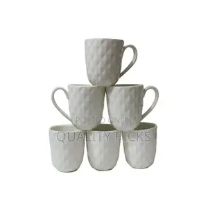 6 Pieces of Tea Coffee Cups Mugs on Wooden Stand - White