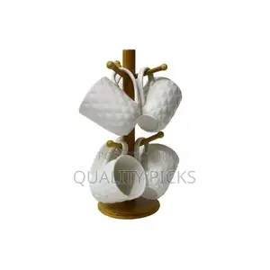 6 Pieces of Tea Coffee Cups Mugs on Wooden Stand - White
