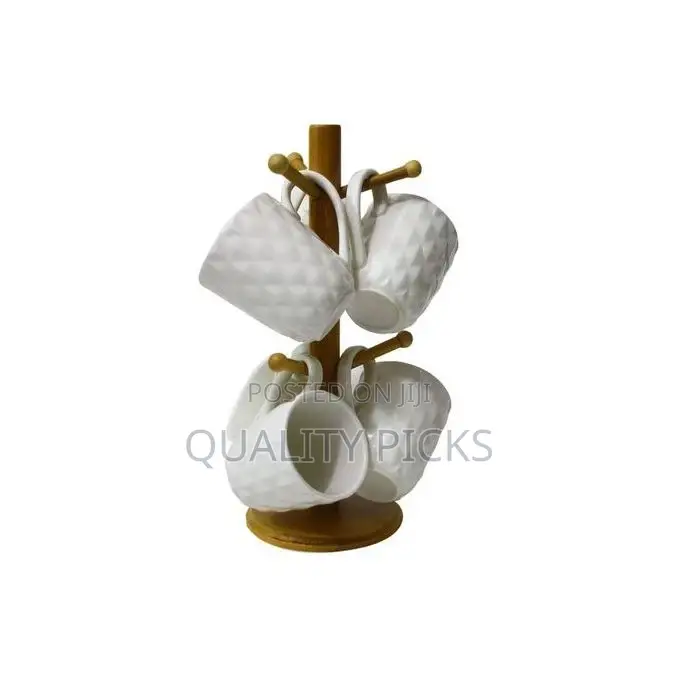 6 Pieces of Tea Coffee Cups Mugs on Wooden Stand - White