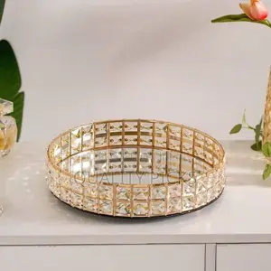 Decorative Crystal Mirror Tray Gold Round Mirrorred Plate