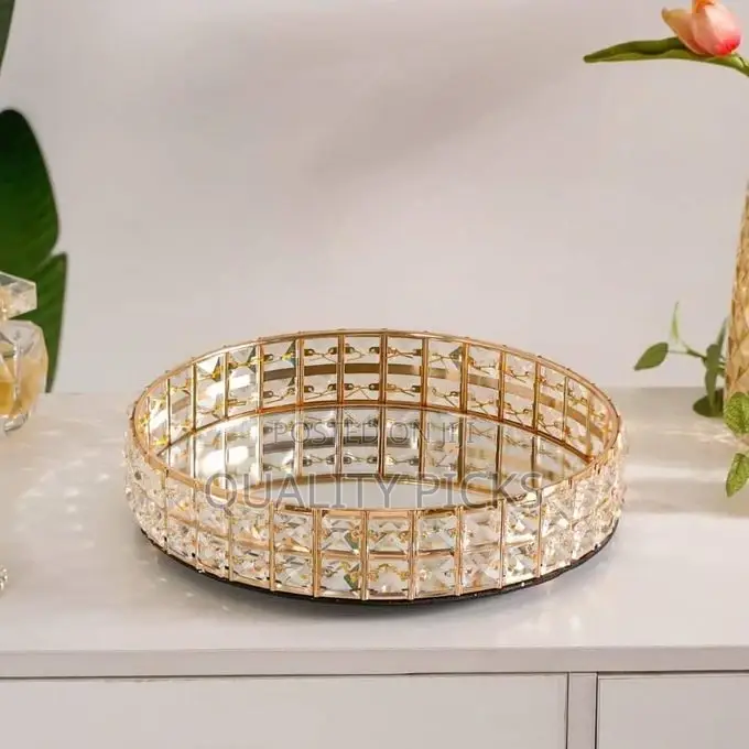 Decorative Crystal Mirror Tray Gold Round Mirrorred Plate