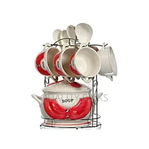 15-Piece Ceramic Soup Bowls Cups Spoond Set on Stand