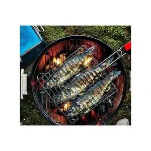 3 Section BBQ Barbeque Fish Charcoal Grill Net Basket-Silver