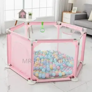 Pink Hexagonal Kids Play Pen With Zipper Door and Balls