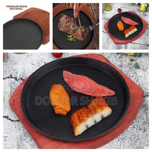 Premium Resin Material Steak Pan With a Wooden Base-Black