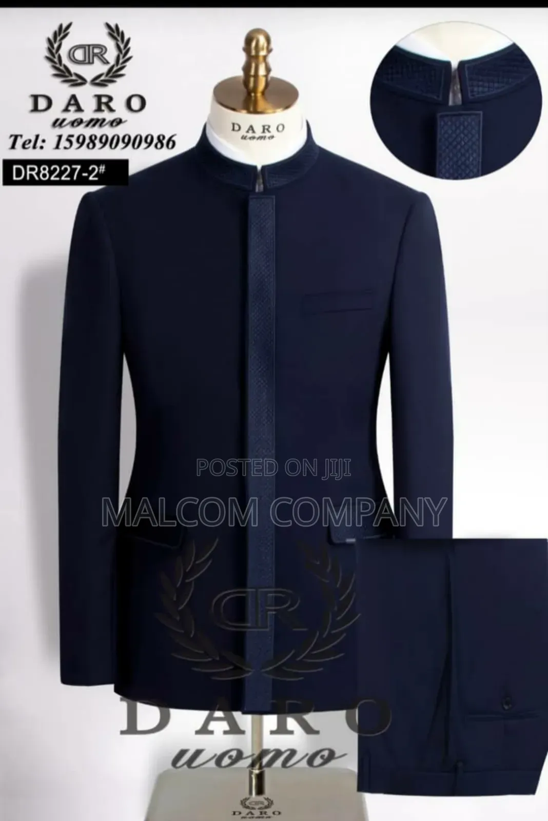Men Blue Suit Stand Up Collar