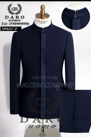 Men Blue Suit Stand Up Collar
