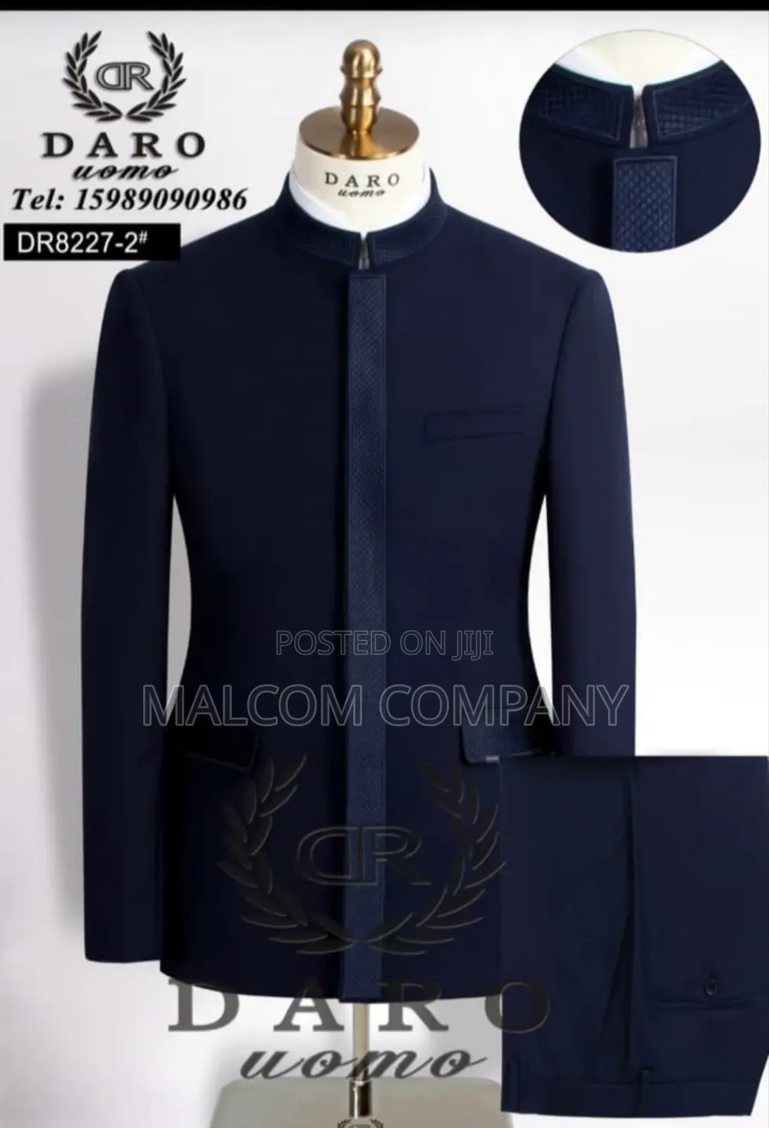 Men Blue Suit Stand Up Collar