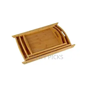 TRAY 3 Piece Heavy Bamboo Wooden Serving Trays - Brown