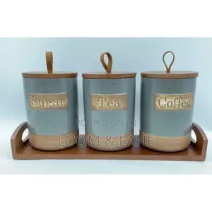 3pcs Ceramic Canisters Sugar Tea Coffee on Bamboo Base