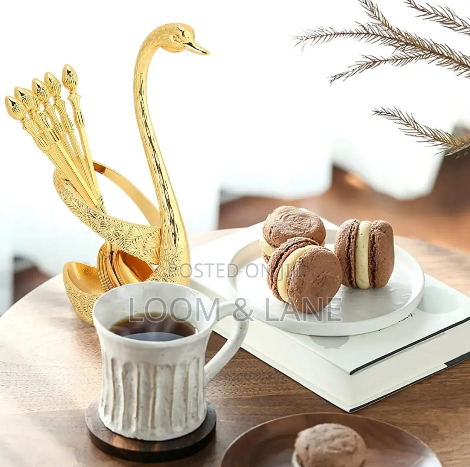 6pcs Long Coffee Stir Spoon With Decorative Gold Base Holder