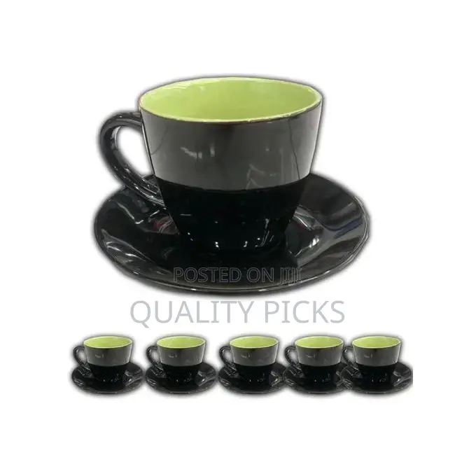 6 Pieces of Tea Mugs Coffee Cups and 6 Saucers -Black