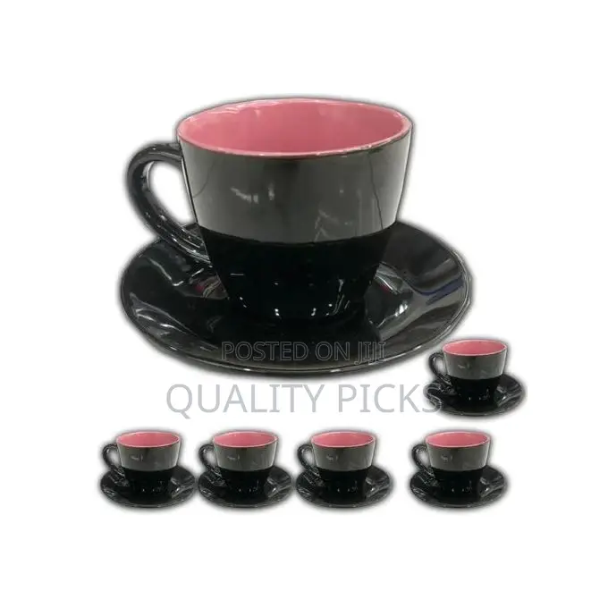 6 Pieces of Tea Mugs Coffee Cups and 6 Saucers -Black