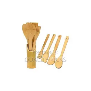 5 Pieces of Bamboo Cooking/ Serving Spoon Utensils-Brown