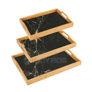 Marble Print Bamboo Tea Serving Tray - 3 Set- Black.
