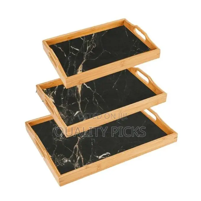 Marble Print Bamboo Tea Serving Tray - 3 Set- Black.