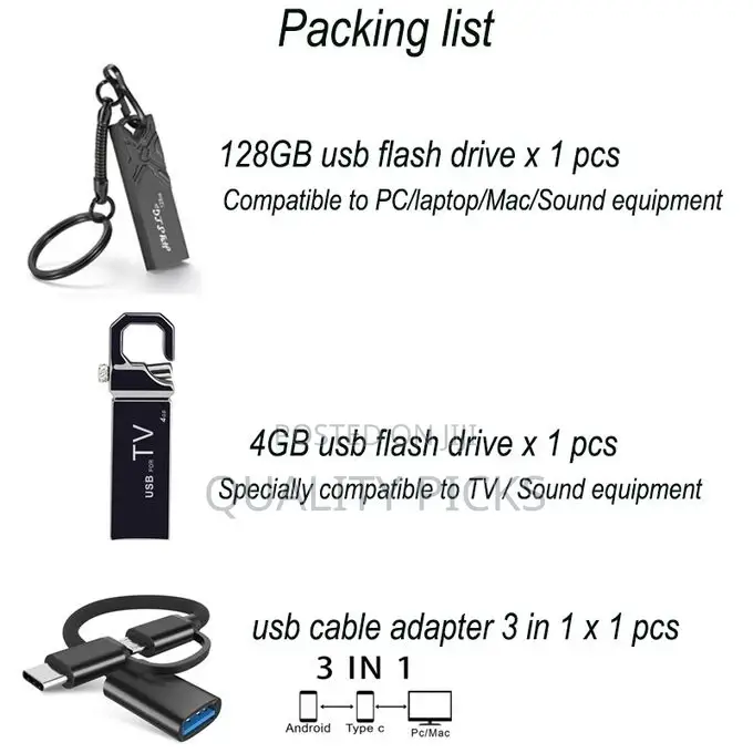128 GB OTG Usb Flash Drive Adapter Type C 3 Units in 1 Set