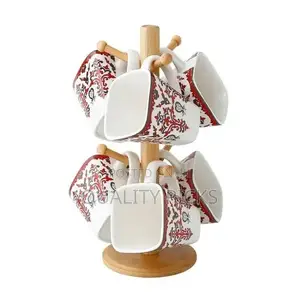 6 White Flowered Mugs Cups With Bamboo Stand Tree Holder
