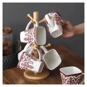 6 White Flowered Mugs Cups With Bamboo Stand Tree Holder