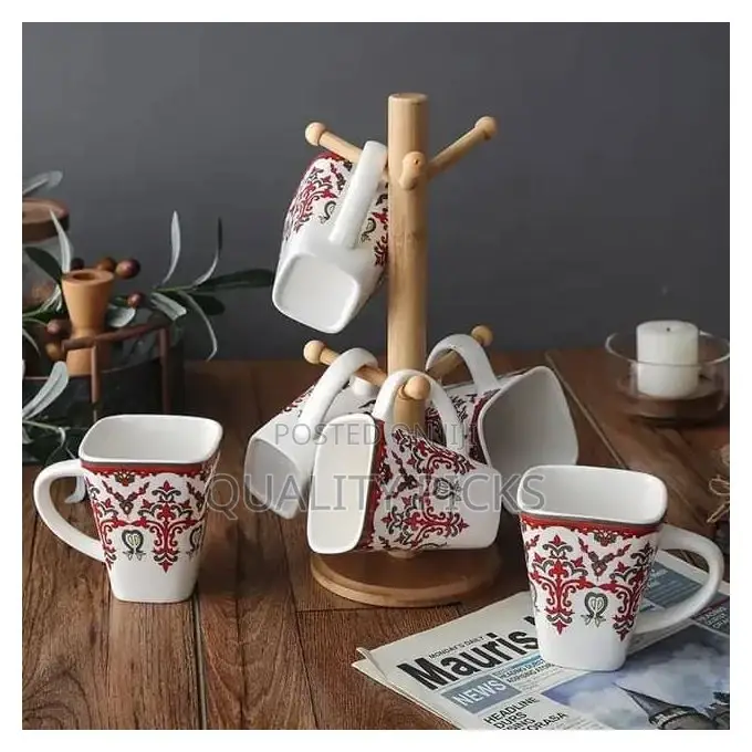 6 White Flowered Mugs Cups With Bamboo Stand Tree Holder