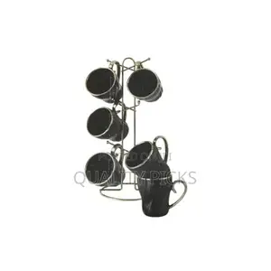 6 Piece Lined Ceramic Gold Line Cups Mugs Set With Rack