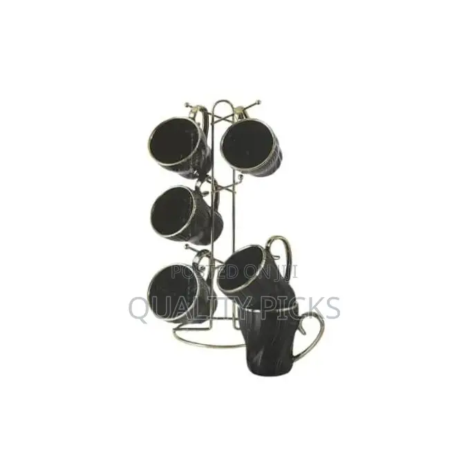 6 Piece Lined Ceramic Gold Line Cups Mugs Set With Rack