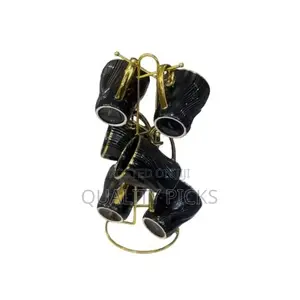 6 Piece Lined Ceramic Gold Line Cups Mugs Set With Rack