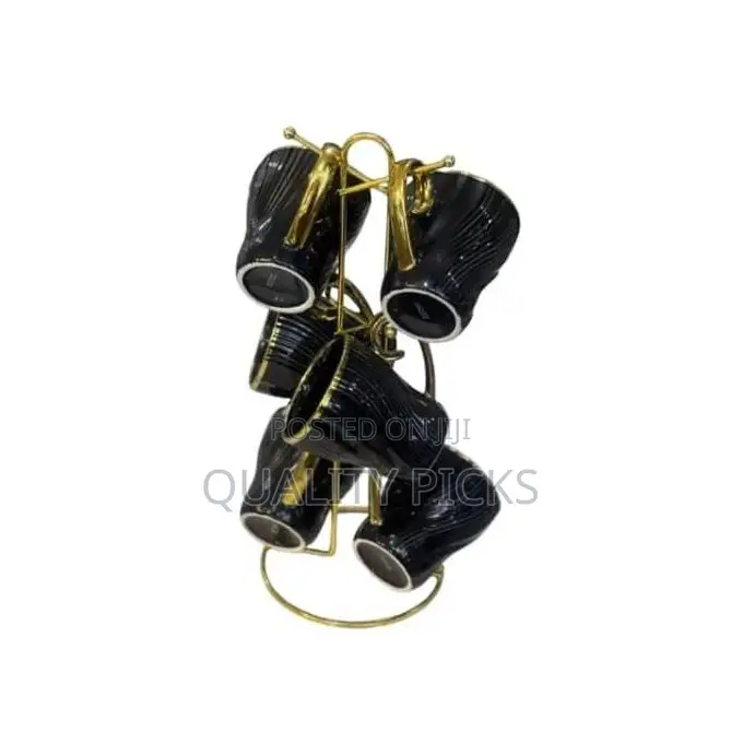 6 Piece Lined Ceramic Gold Line Cups Mugs Set With Rack