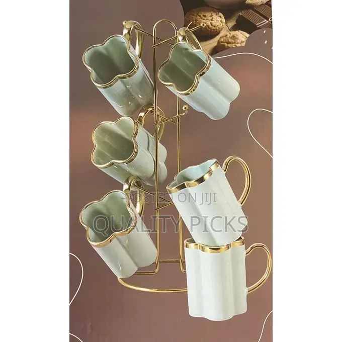 6 Piece Pumpkin Ceramic Cups Mugs Set With Golden Handle