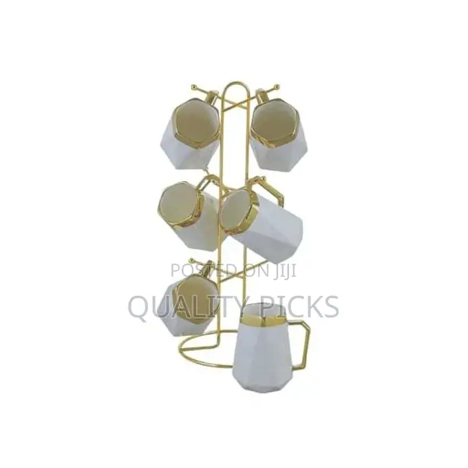 6 Piece Ceramic Cups Mugs Set With Golden Handle