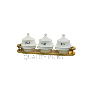Tea Coffee Sugar 3 Canisters Containers Set With Tray