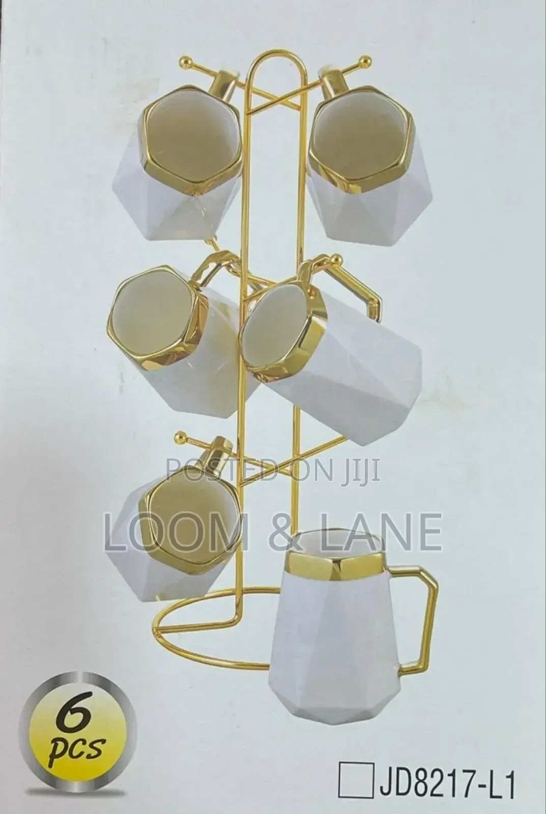 White Gold Mugs 6pcs With Stainless Steel Rack