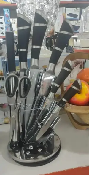 Stainless Steel Kitchen Knife Set With Rotating Black Stand