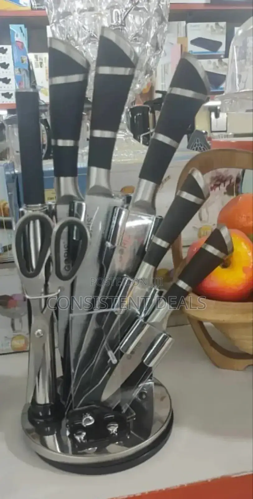 Stainless Steel Kitchen Knife Set With Rotating Black Stand