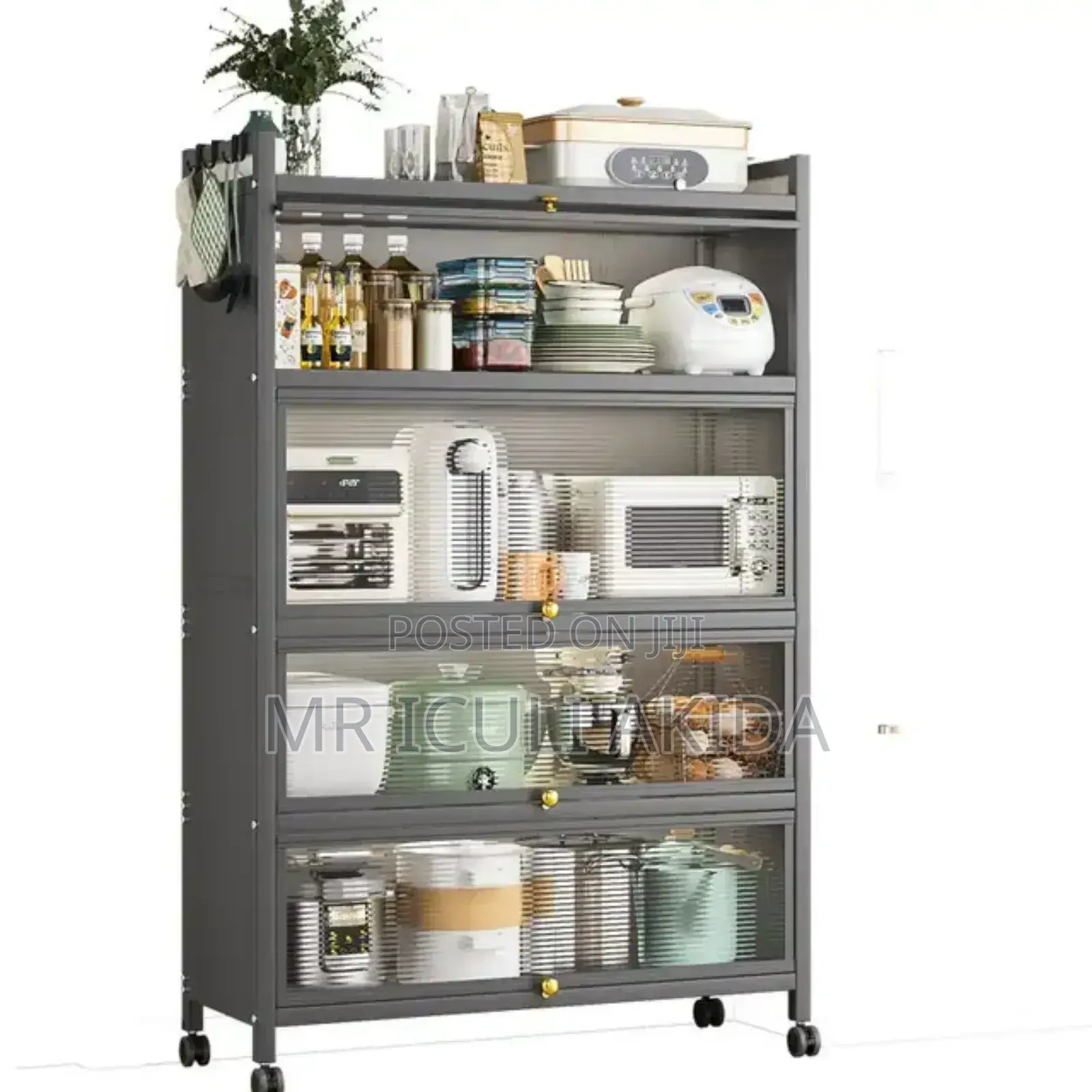 4tier Pantry Kitchen Wheels/Transparent Door Storage Cabinet