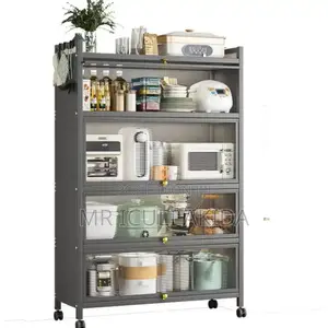 4tier Pantry Kitchen Wheels/Transparent Door Storage Cabinet