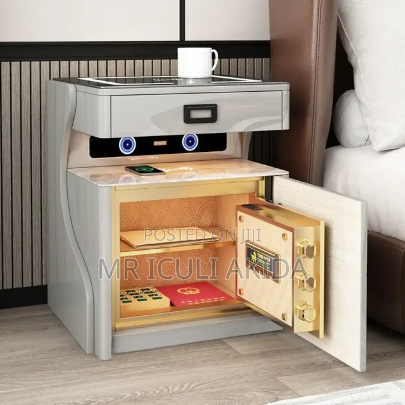 Smart Bedside Table WTH Wireles Chager,Speaker,Cash Box Safe