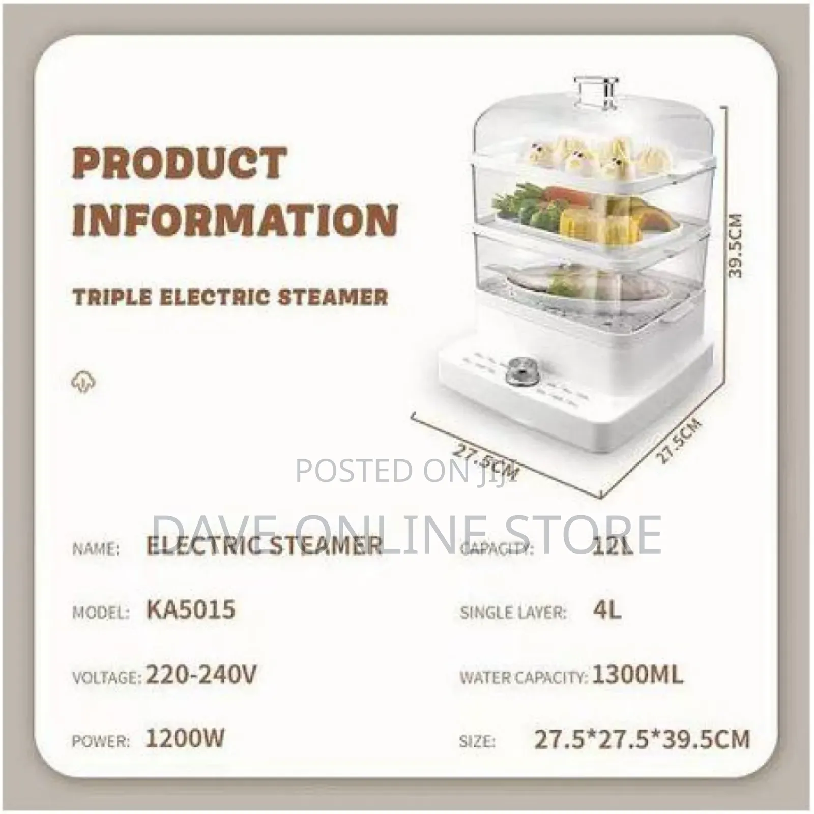 DSP 1300ML 3 Tier Electric Vegetable Food Steamer Pot- White