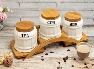 Beautiful Ceramic Tea,Coffee,Sugar Canister Set + Wooden Arc