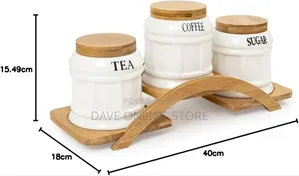 White Ceramic Tea Coffee Sugar 3 Canisters Set Stand Tray
