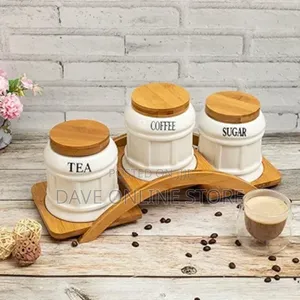 White Ceramic Tea Coffee Sugar 3 Canisters Set Stand Tray