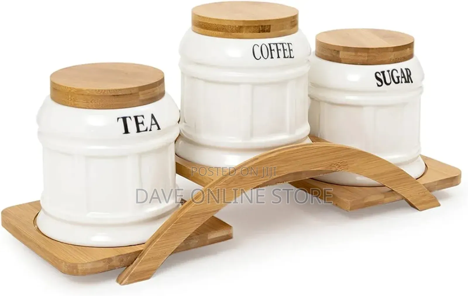White Ceramic Tea Coffee Sugar 3 Canisters Set Stand Tray