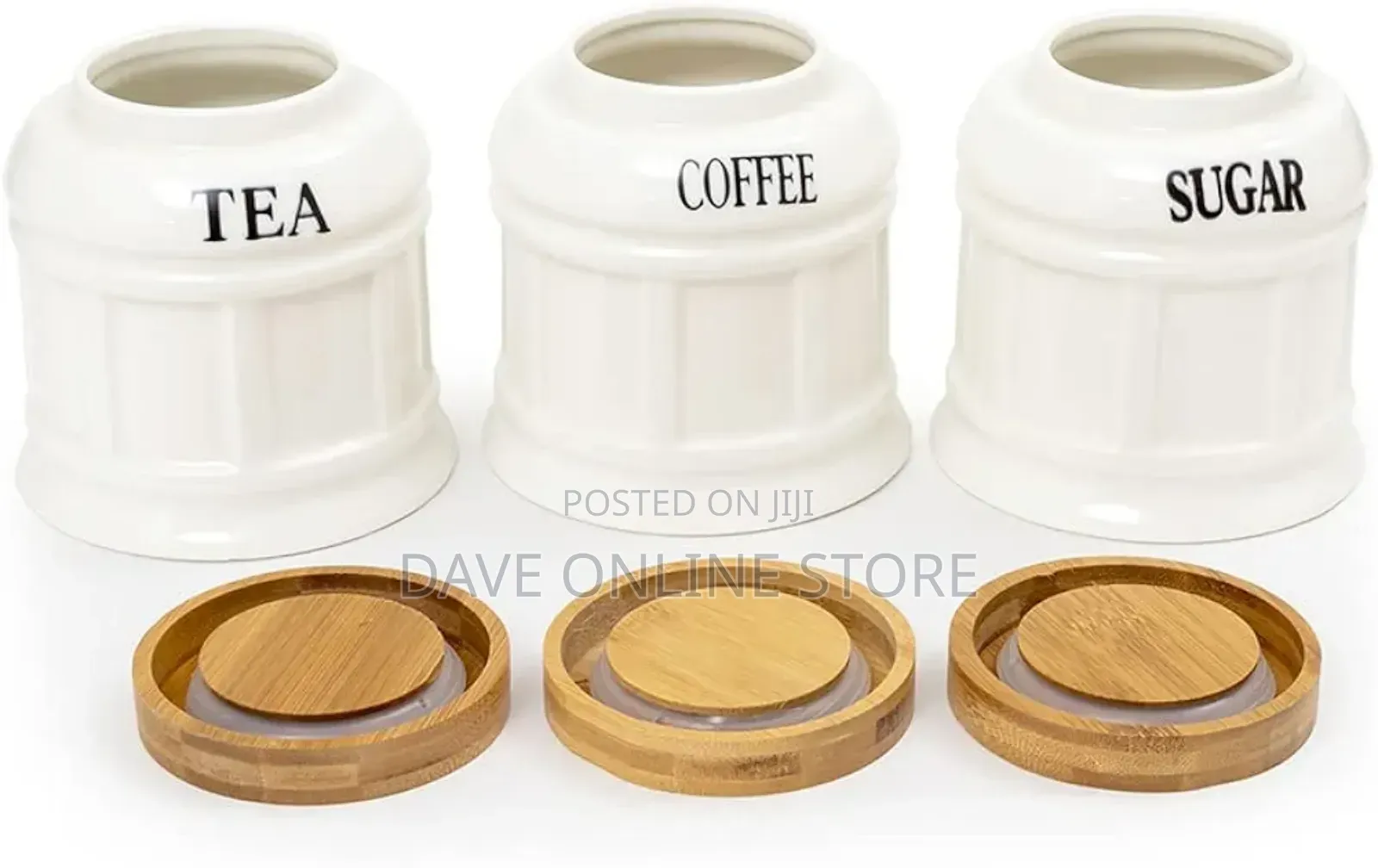 White Ceramic Tea Coffee Sugar 3 Canisters Set Stand Tray