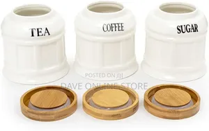 White Ceramic Tea Coffee Sugar 3 Canisters Set Stand Tray