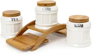 White Ceramic Tea Coffee Sugar 3 Canisters Set Stand Tray