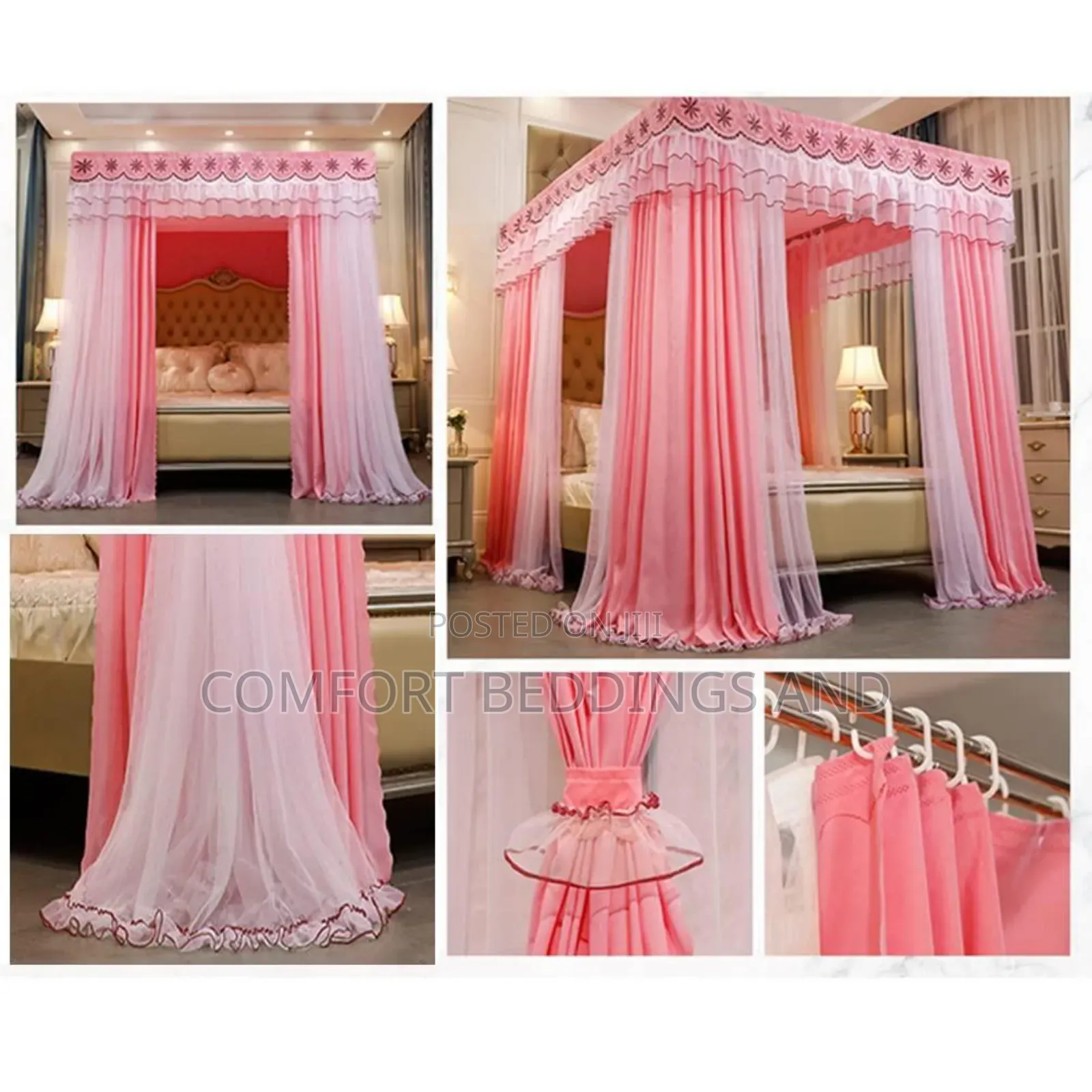 Four Stand Mosquito Net With Curtain Pink 5*6 6*6