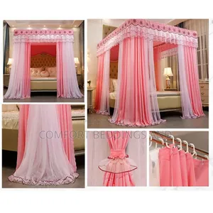 Four Stand Mosquito Net With Curtain Pink 5*6 6*6