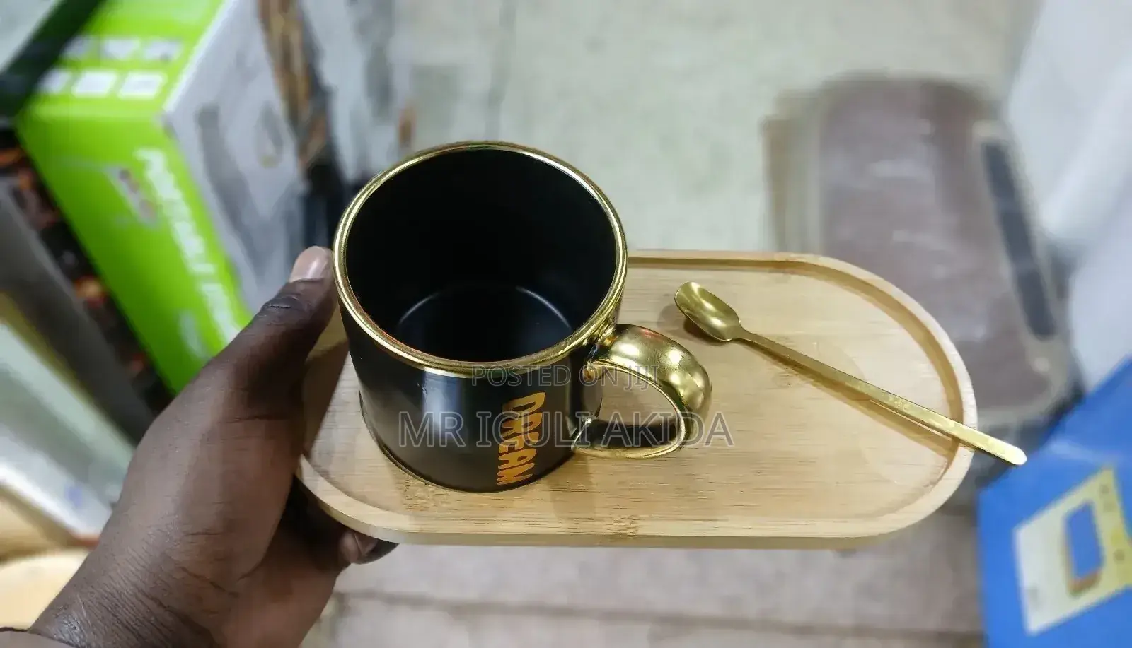 Ceramic Coffee Cup Mug WTH Spoon and Wooden Tray