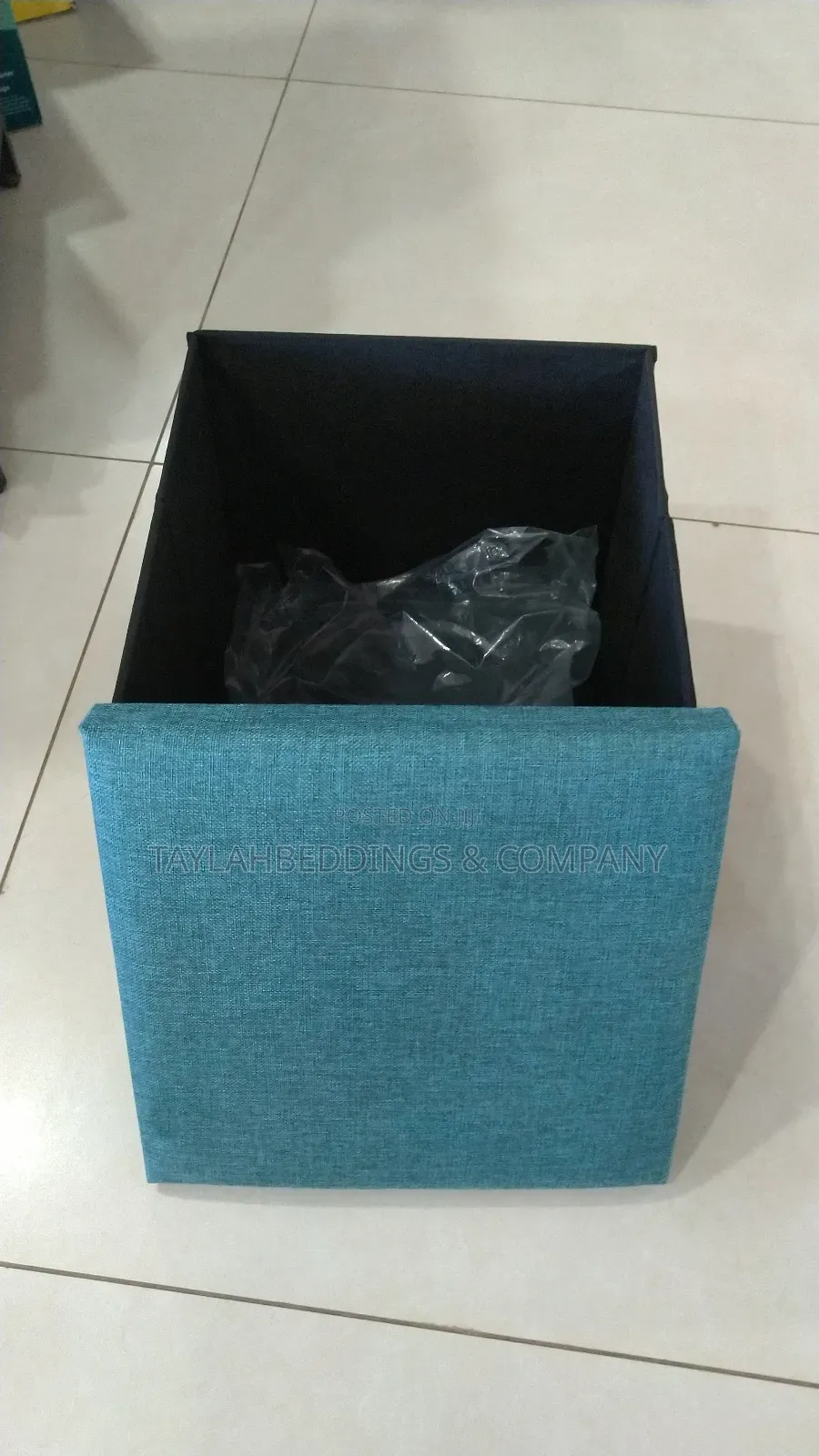 Blue Folding Storage Ottoman Cube Foot Rest Stool
